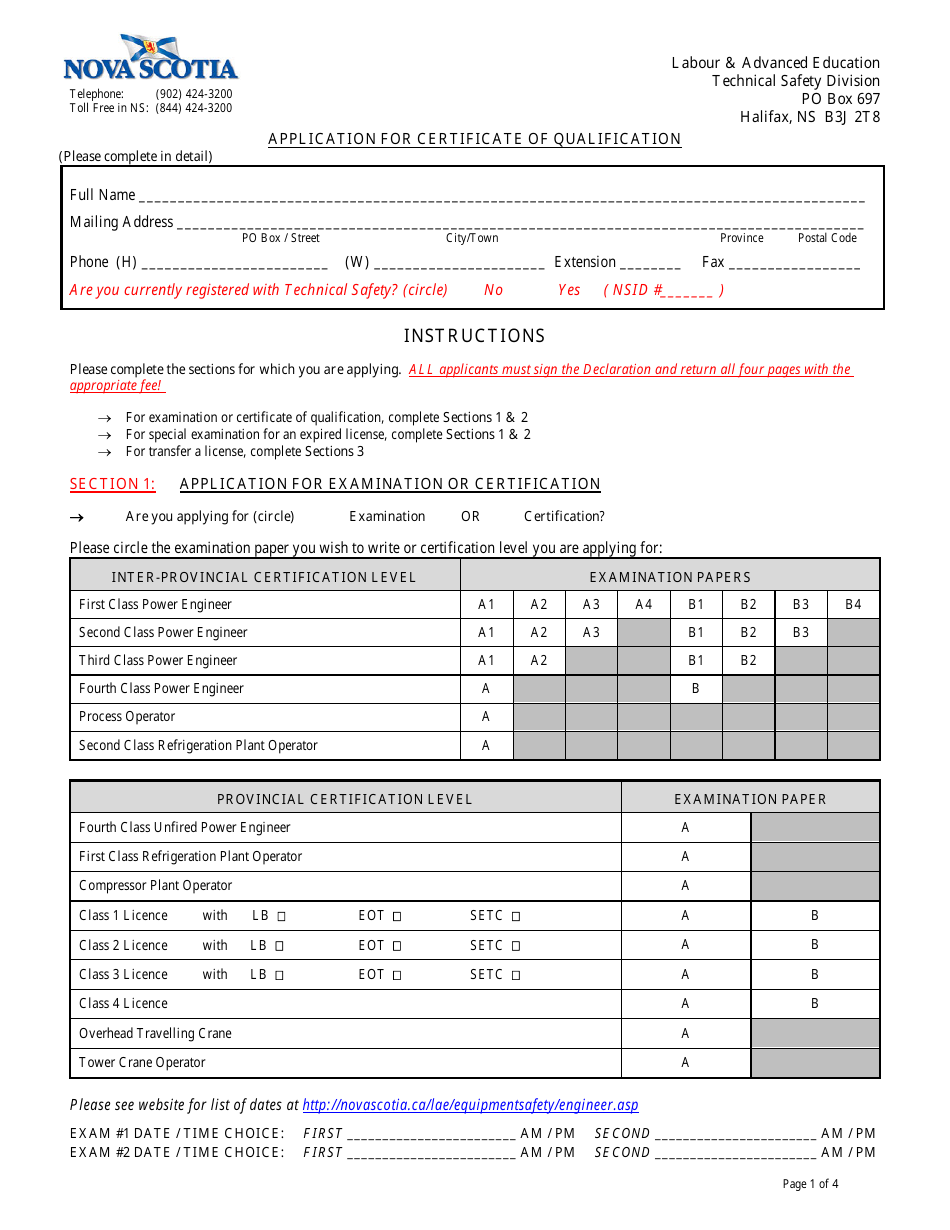 Application for Certificate of Qualification - Nova Scotia, Canada, Page 1