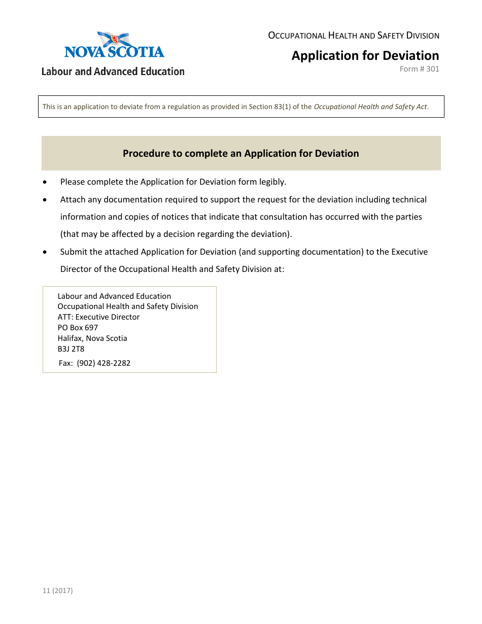 Form 301 Application for Deviation - Nova Scotia, Canada, Page 1