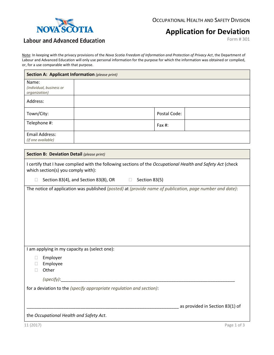 Form 301 Application for Deviation - Nova Scotia, Canada, Page 2
