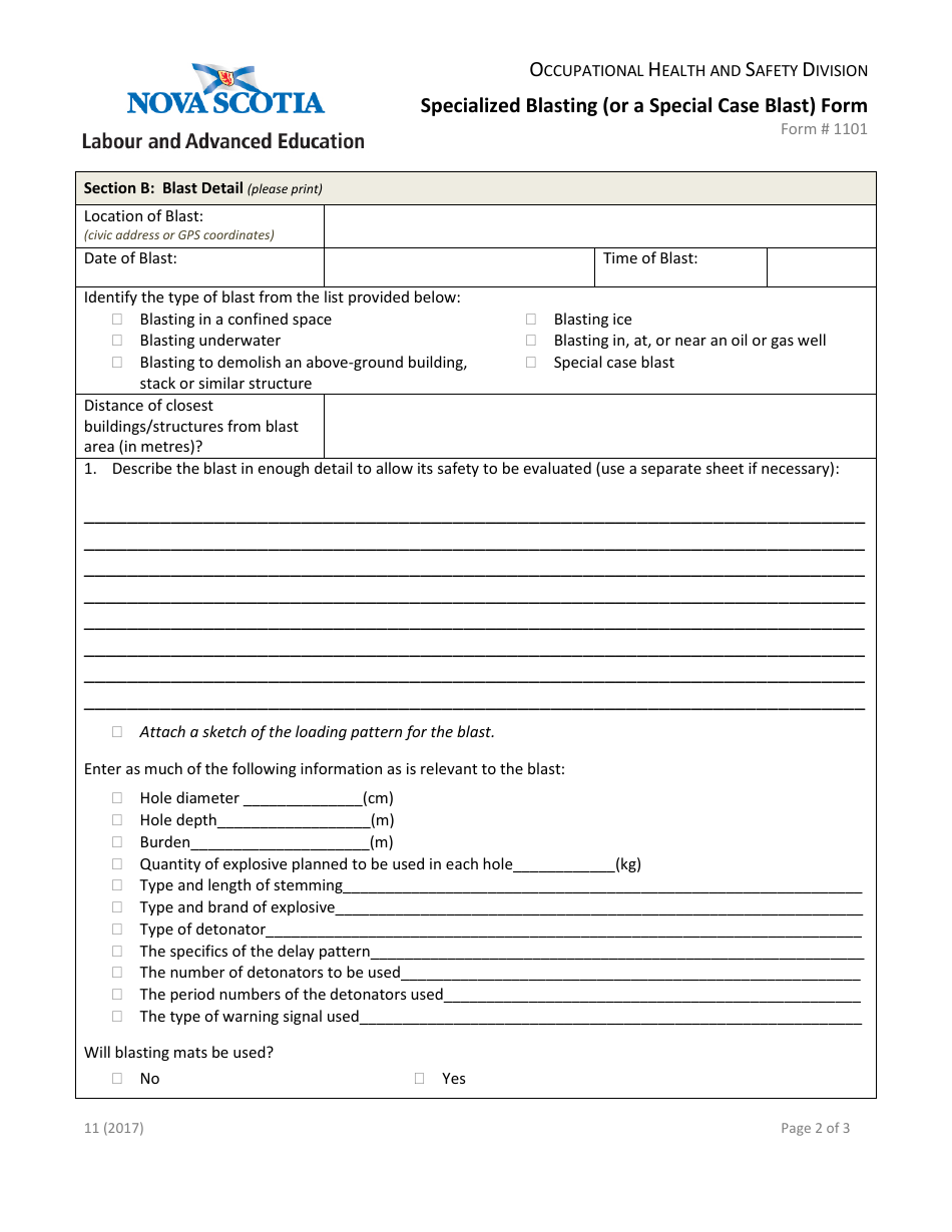 Form 1101 Specialized Blasting (Or a Special Case Blast) Form - Nova Scotia, Canada, Page 3