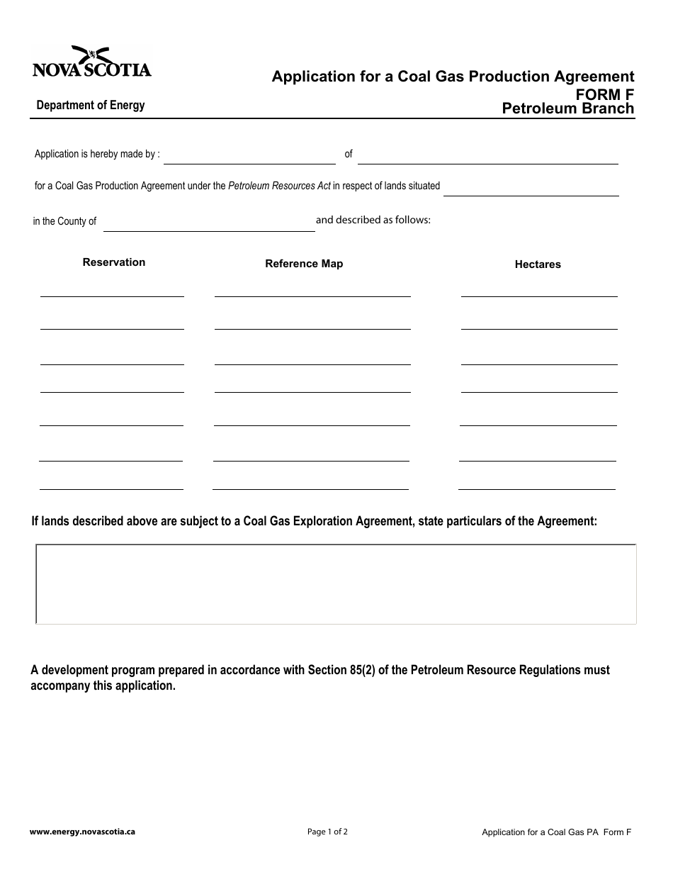 Form F Application for a Coal Gas Production Agreement - Nova Scotia, Canada, Page 1
