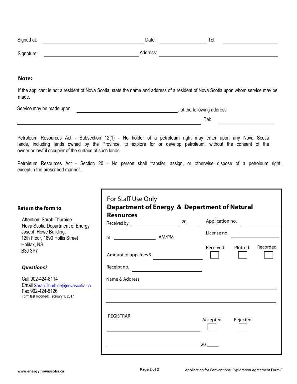 Form C Application for a Conventional Exploration Agreement - Nova Scotia, Canada, Page 2