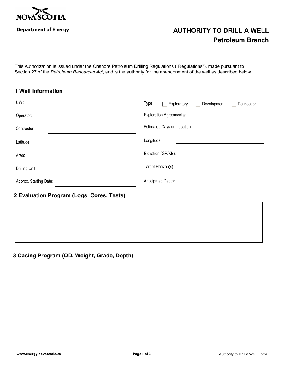 Nova Scotia Canada Authority to Drill a Well Fill Out, Sign Online