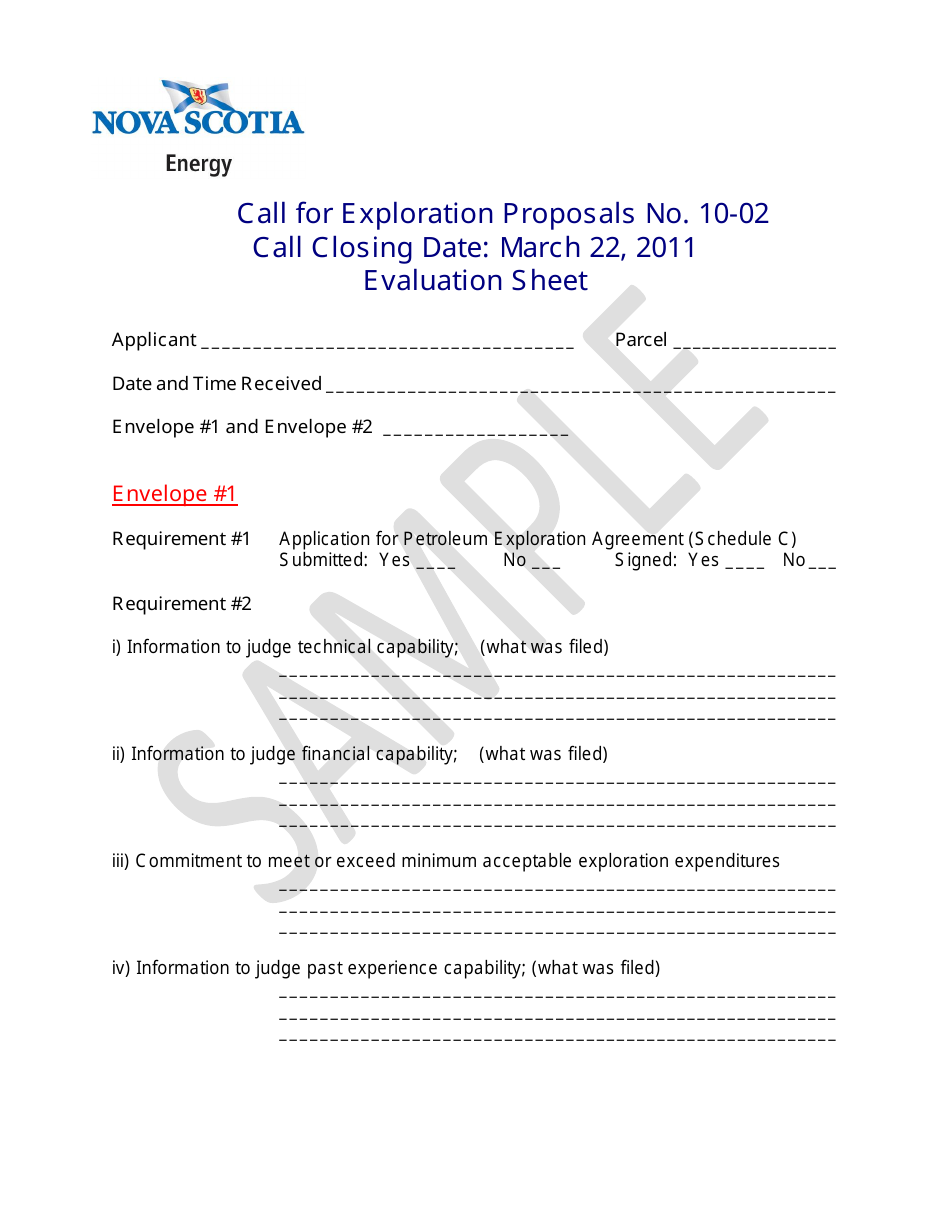 Sample Call for Exploration Proposals Evaluation Sheet - Nova Scotia, Canada, Page 1
