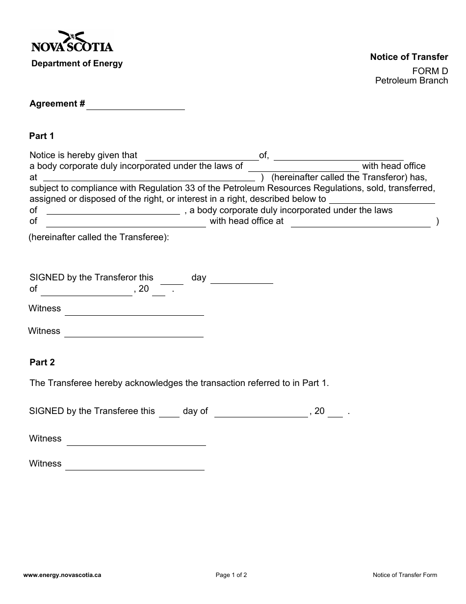 Form D Notice of Transfer - Nova Scotia, Canada, Page 1