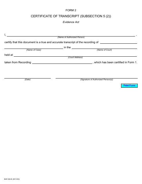 Form 2 Certificate of Transcript (Subsection 5 (2)) - Ontario, Canada