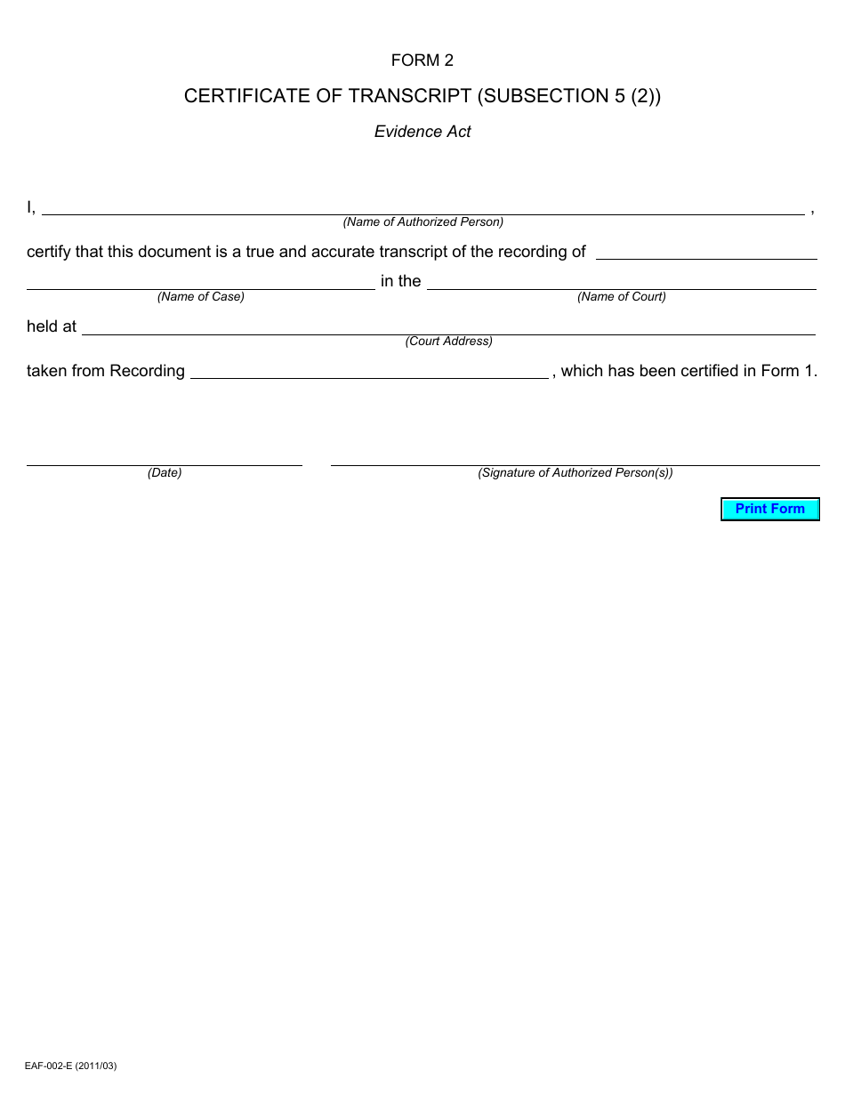 Form 2 Certificate of Transcript (Subsection 5 (2)) - Ontario, Canada, Page 1
