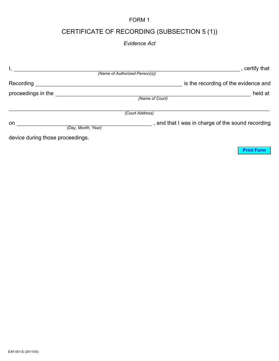 Form 1 Certificate of Recording (Subsection 5 (1)) - Ontario, Canada, Page 1