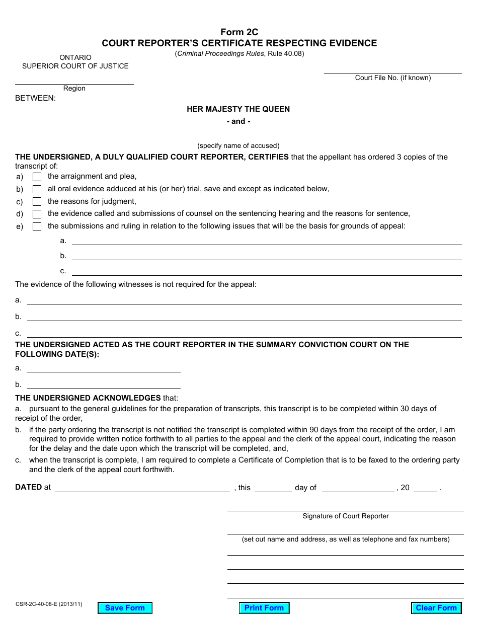 Form 2C Court Reporters Certificate Respecting Evidence - Ontario, Canada, Page 1