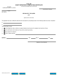 Document preview: Form 2D Court Reporter's Completion Certificate - Ontario, Canada