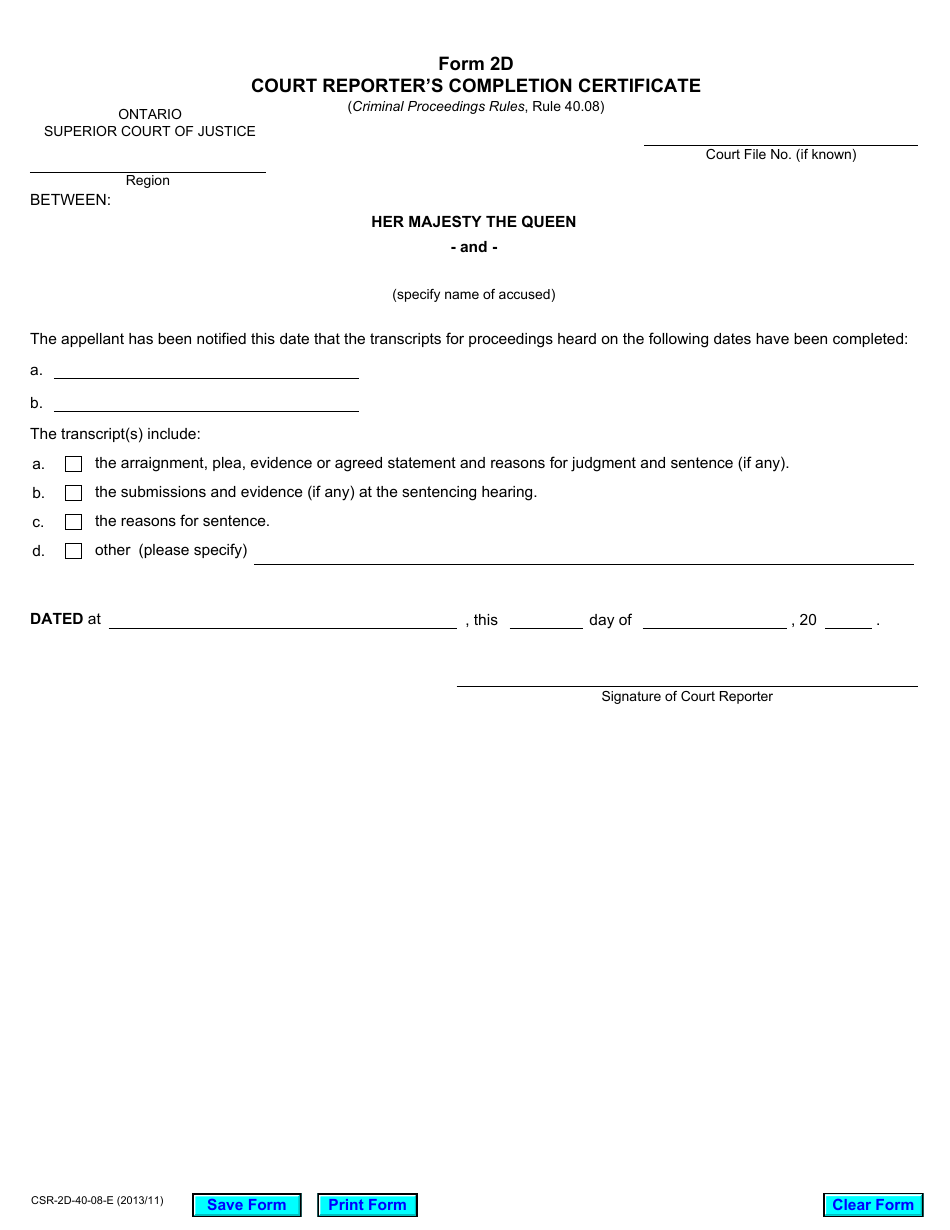 Form 2D Court Reporters Completion Certificate - Ontario, Canada, Page 1