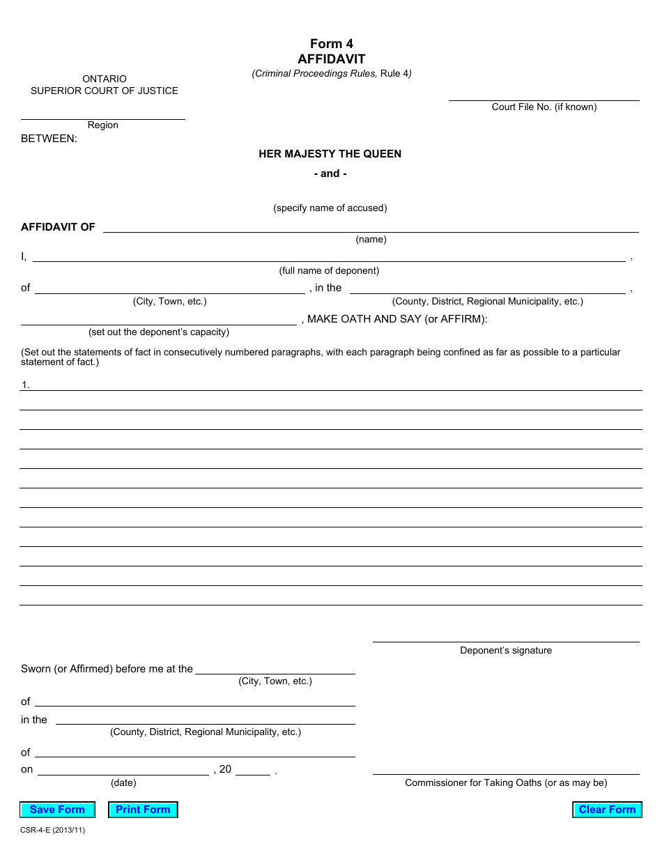 Form 4 Affidavit - Ontario, Canada, Page 1