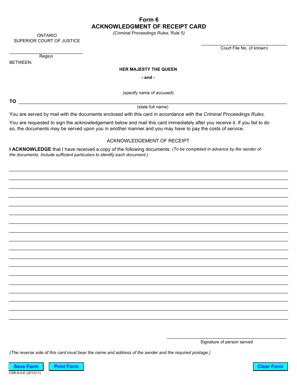 Form 6 Acknowledgment of Receipt Card - Ontario, Canada, Page 1