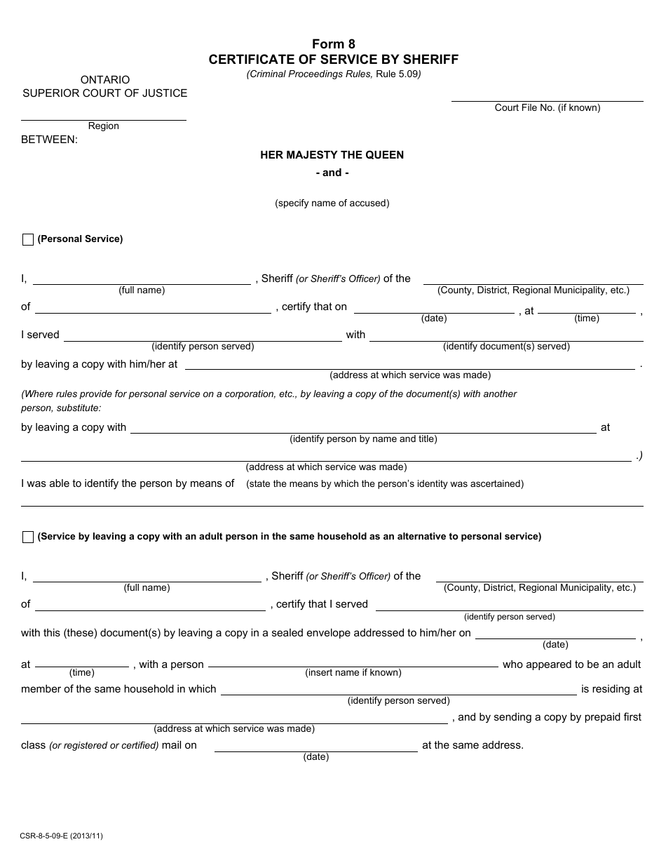 Form 8 Certificate of Service by Sheriff - Ontario, Canada, Page 1