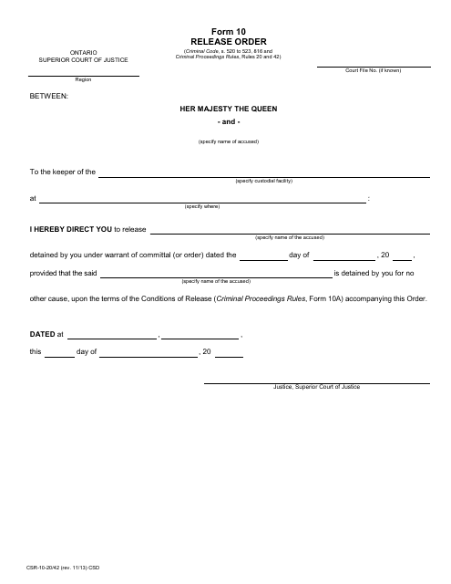 Form 10 Release Order - Ontario, Canada