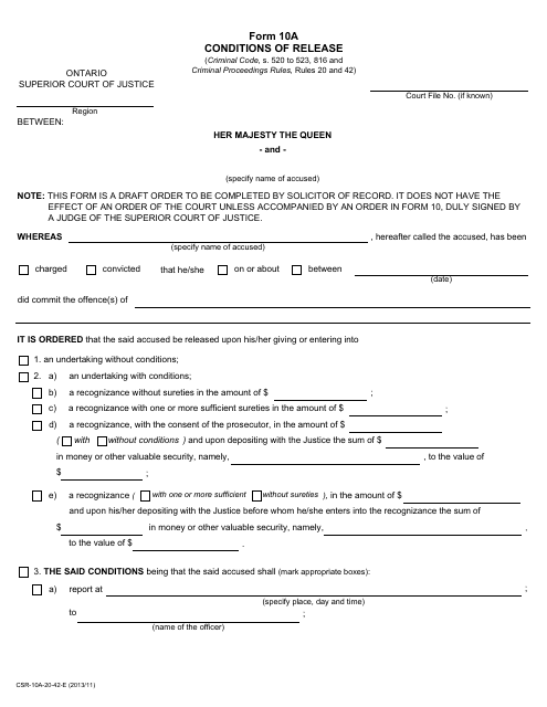 Form 10A Conditions of Release - Ontario, Canada