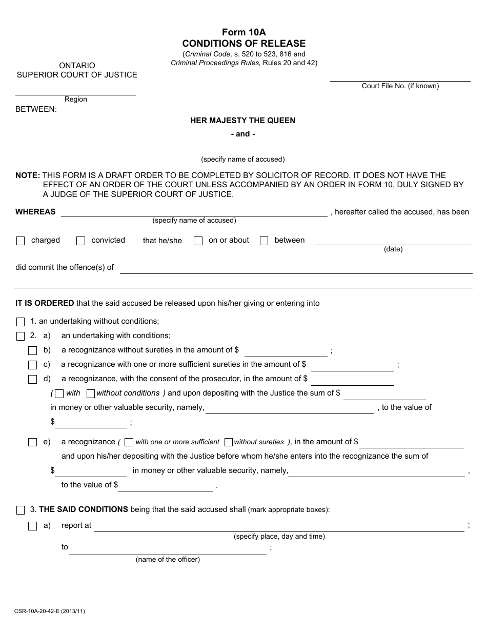 Form 10A Conditions of Release - Ontario, Canada, Page 1