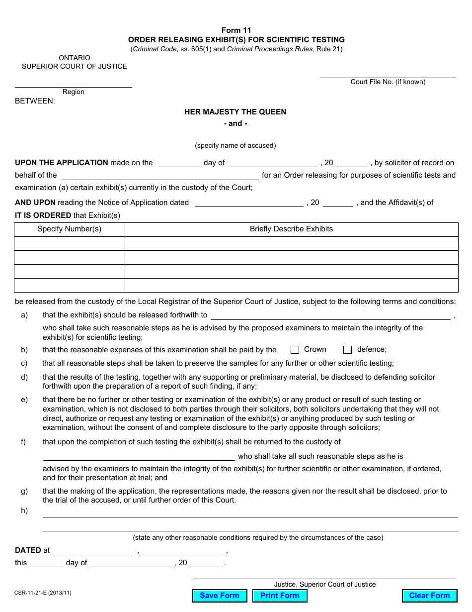 Form 11 Order Releasing Exhibit(S) for Scientific Testing - Ontario, Canada, Page 1