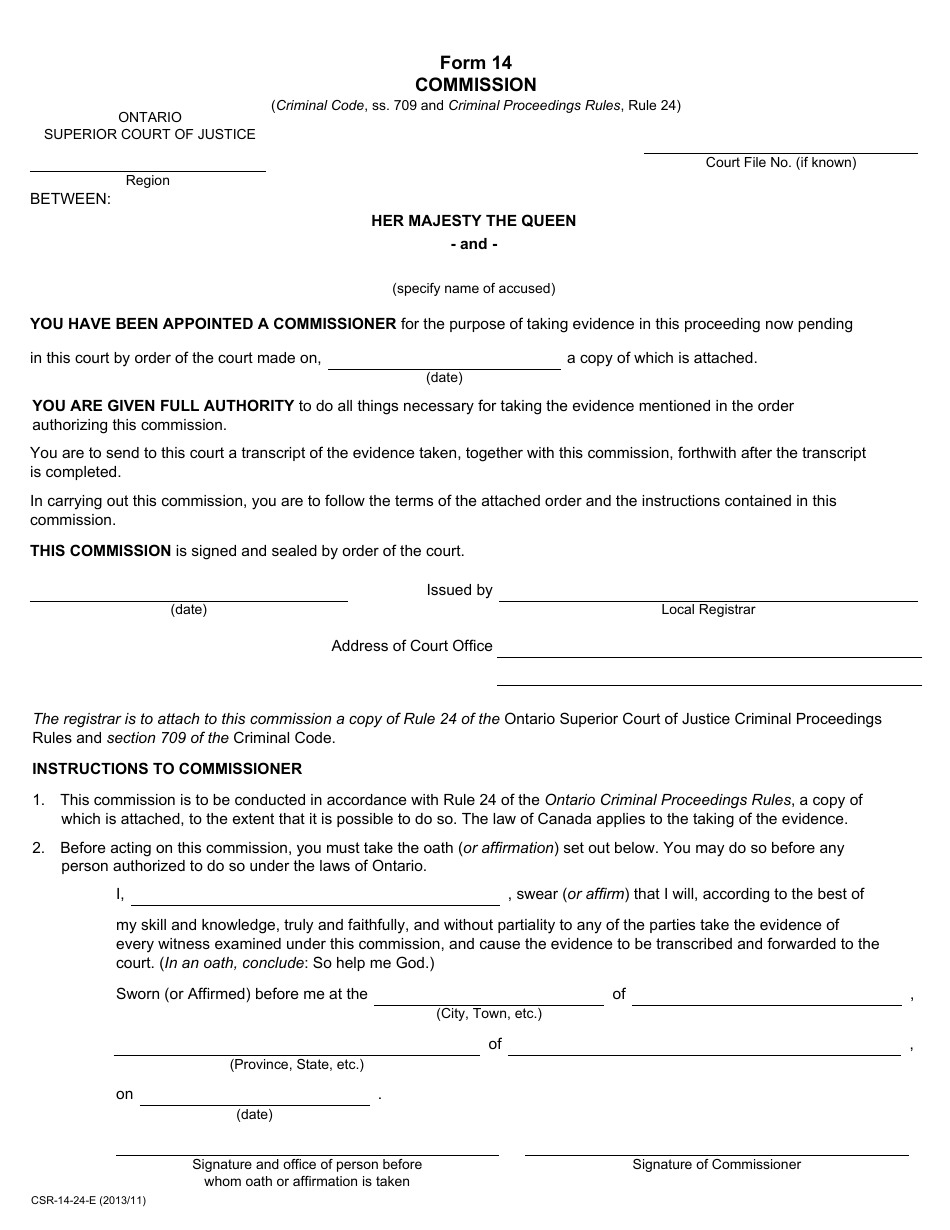 Form 14 Commission - Ontario, Canada, Page 1