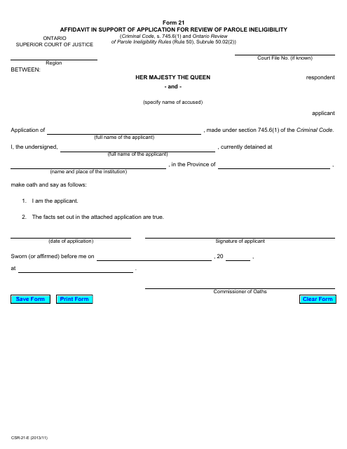 Form 21 Affidavit in Support of Application for Review of Parole Ineligibility - Ontario, Canada