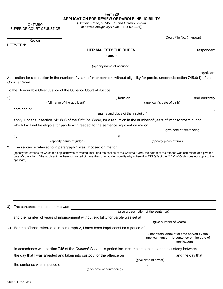 Form 20 Application for Review of Parole Ineligibility - Ontario, Canada, Page 1