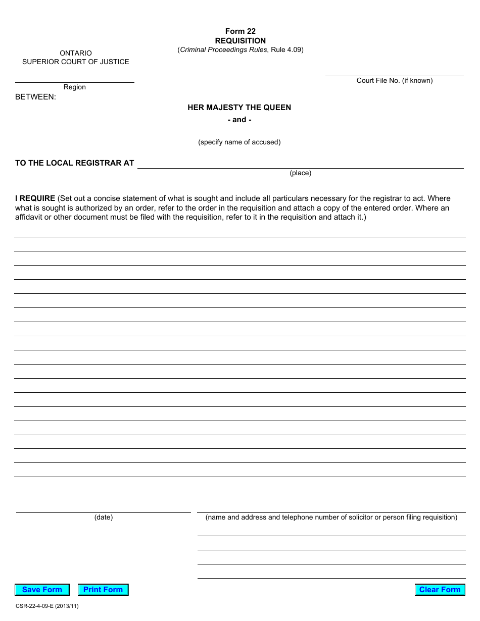 Form 22 Requisition - Ontario, Canada, Page 1