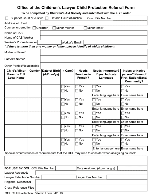 Office of the Children's Lawyer Child Protection Referral Form - Ontario, Canada