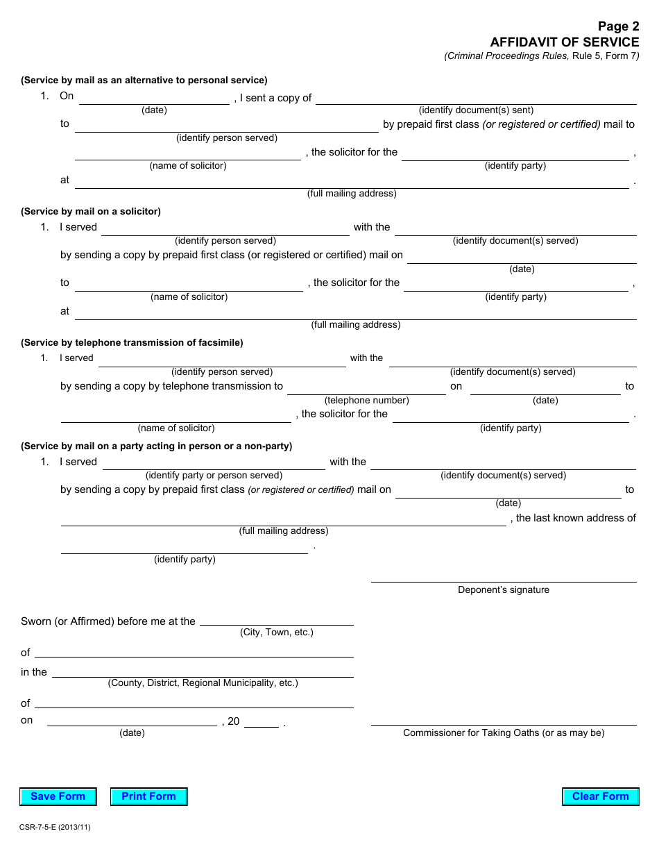 Form 7 Affidavit of Service - Ontario, Canada, Page 2