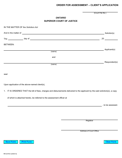 Form RR0279 Order for Assessment " Client's Application - Ontario, Canada