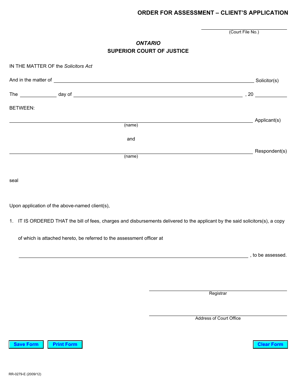 Form RR0279 Order for Assessment  Clients Application - Ontario, Canada, Page 1