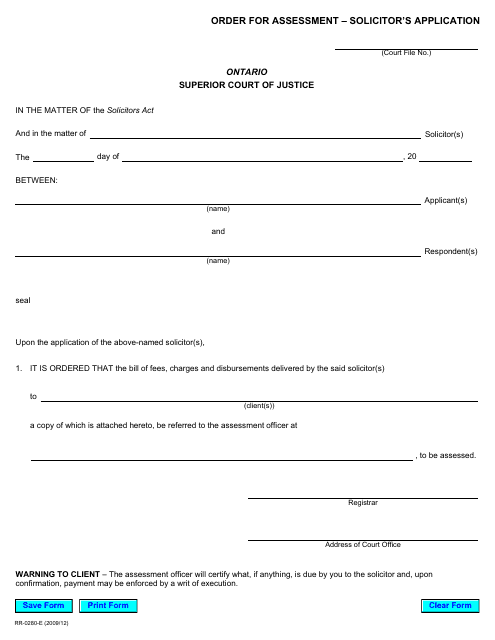 Form RR0280 Order for Assessment " Solicitor's Application - Ontario, Canada
