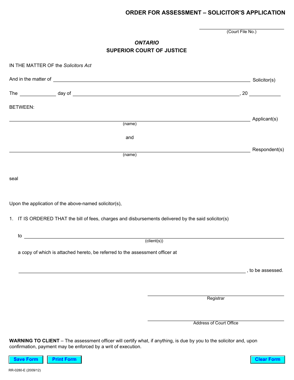 Form RR0280 Order for Assessment  Solicitors Application - Ontario, Canada, Page 1