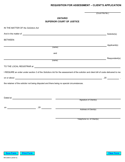 Form RR0288 Requisition for Assessment - Client's Application - Ontario, Canada