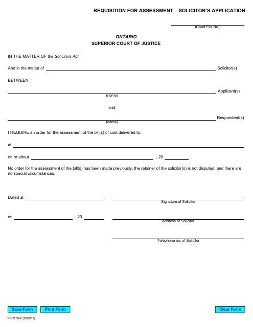 Form RR0289 Requisition for Assessment - Solicitor's Application - Ontario, Canada