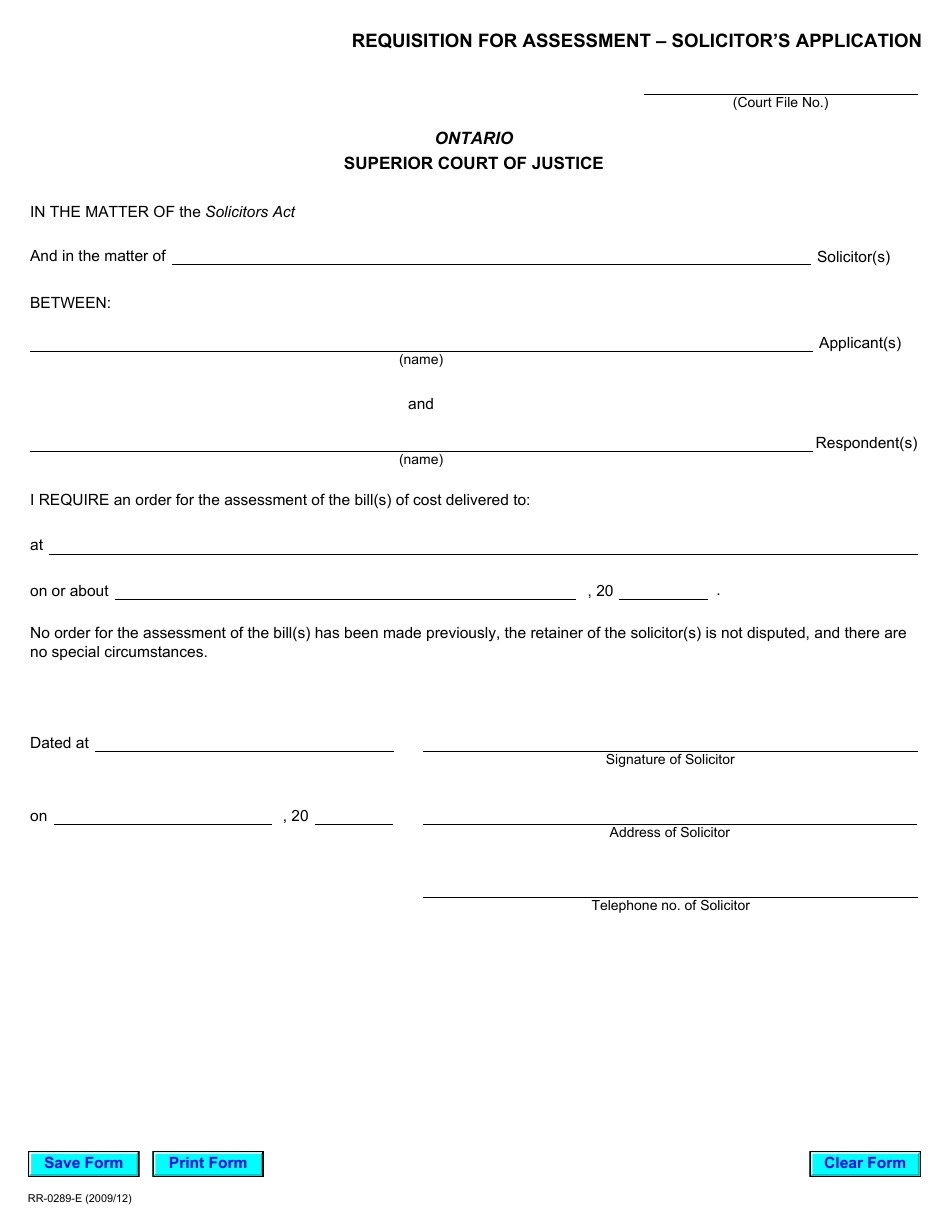 Form RR0289 Requisition for Assessment - Solicitors Application - Ontario, Canada, Page 1