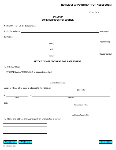 Form RR0334 Notice of Appointment for Assessment - Ontario, Canada