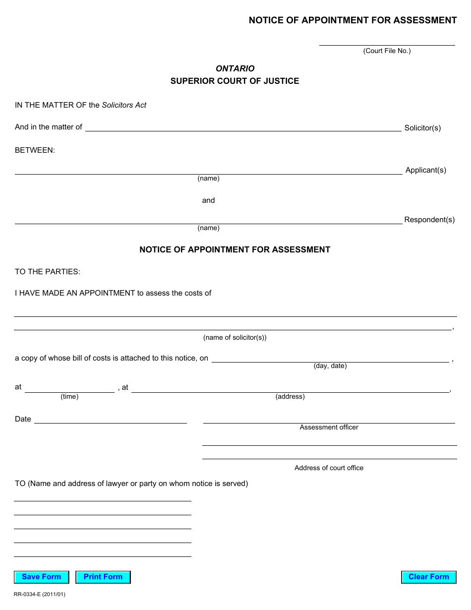 Form RR0334 Notice of Appointment for Assessment - Ontario, Canada, Page 1