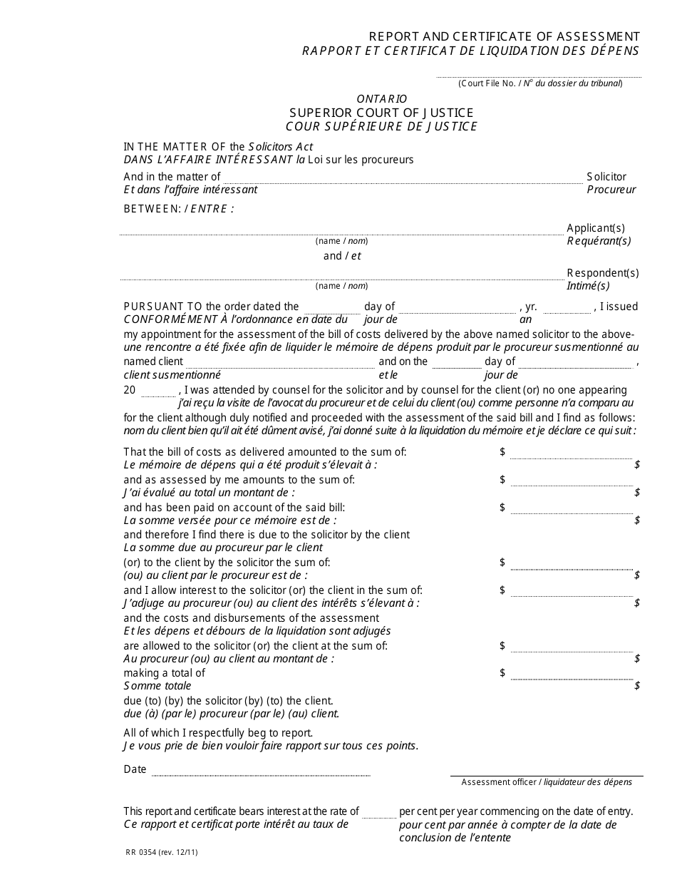 Form RR0354 Report and Certificate of Assessment - Ontario, Canada (English / French), Page 1