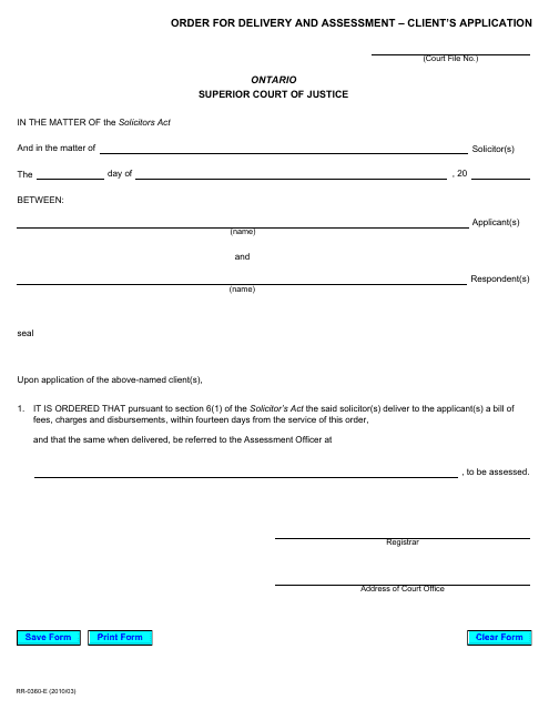 Form RR0360 Order for Delivery and Assessment - Client's Application - Ontario, Canada