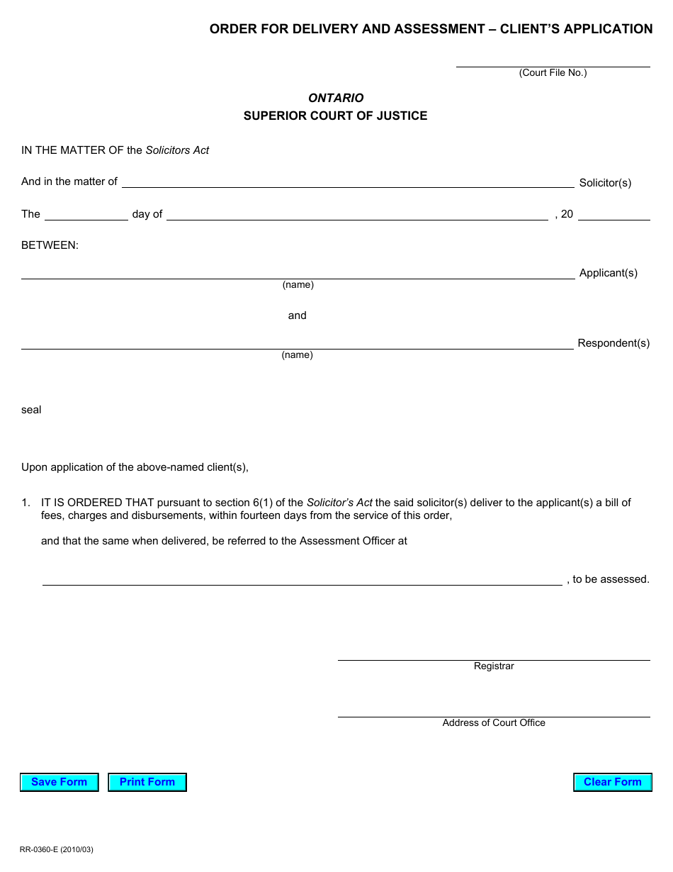 Form RR0360 Order for Delivery and Assessment - Clients Application - Ontario, Canada, Page 1