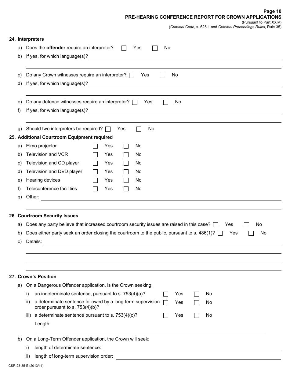 Form 23 Pre-hearing Conference Report for Crown Applications - Ontario, Canada, Page 10