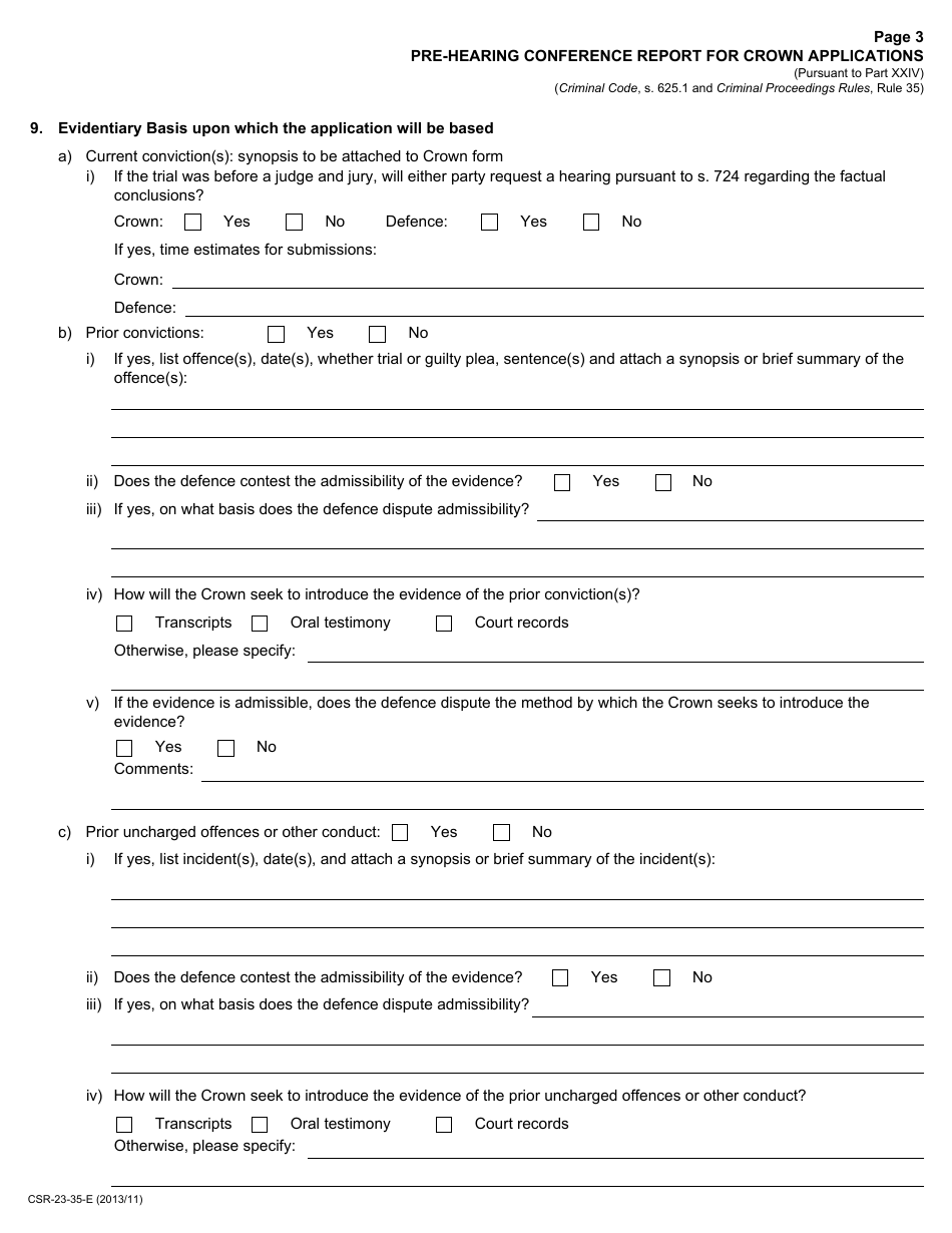 Form 23 Pre-hearing Conference Report for Crown Applications - Ontario, Canada, Page 3