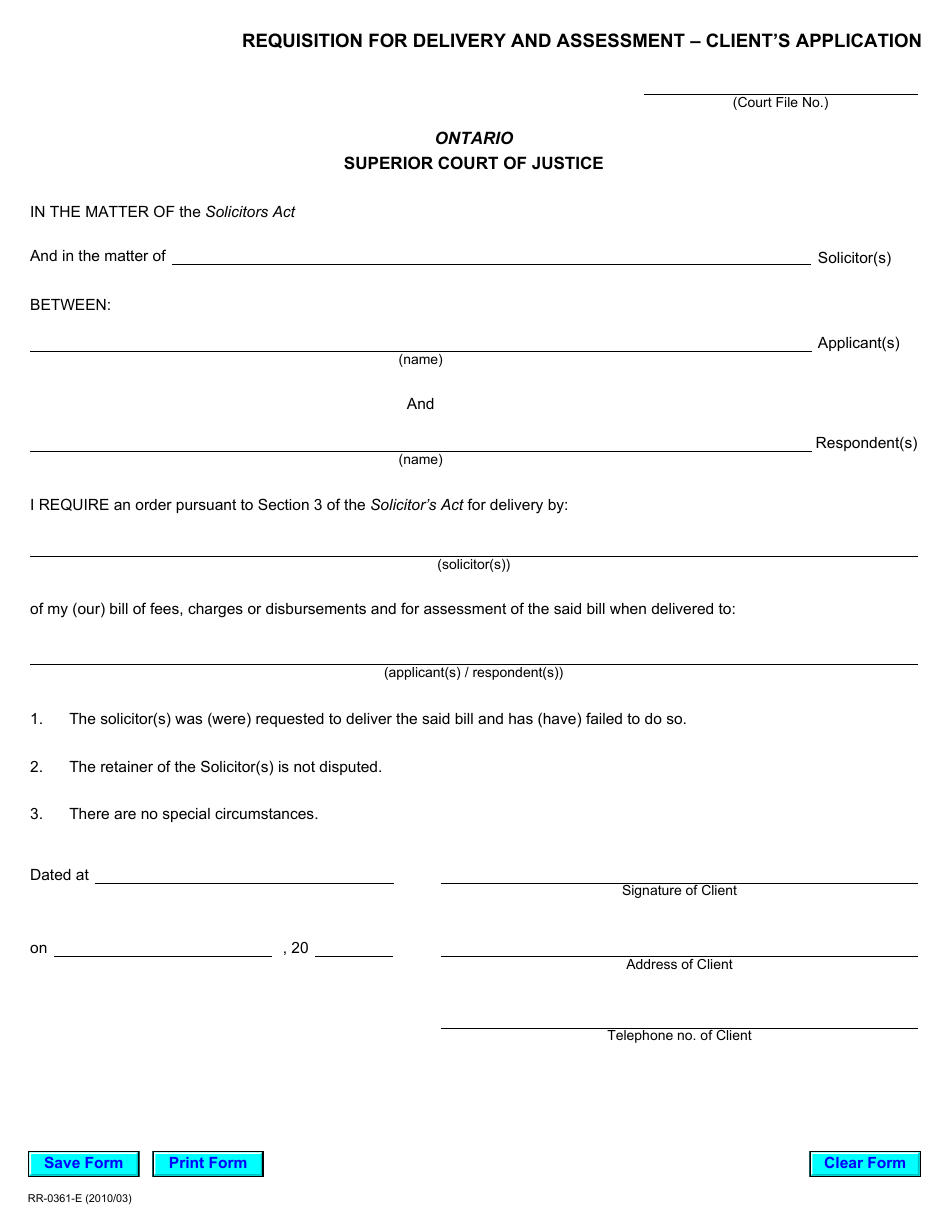 Form RR0361 Requisition for Delivery and Assessment  Clients Application - Ontario, Canada, Page 1