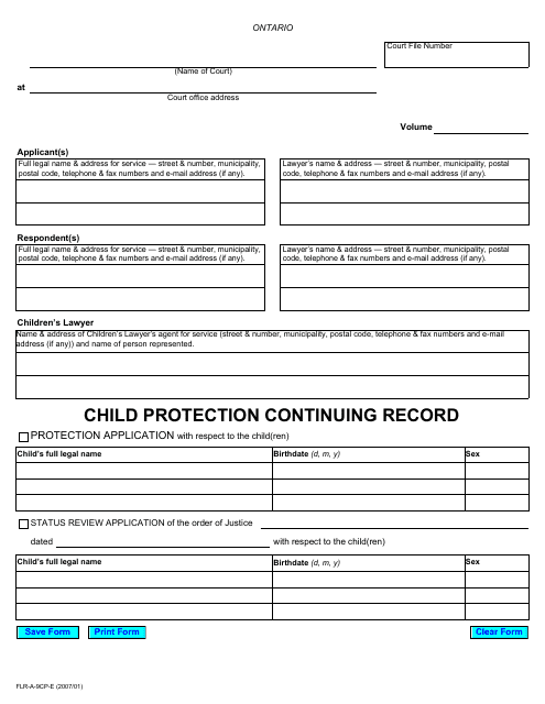 Form 2 Child Protection Continuing Record - Ontario, Canada