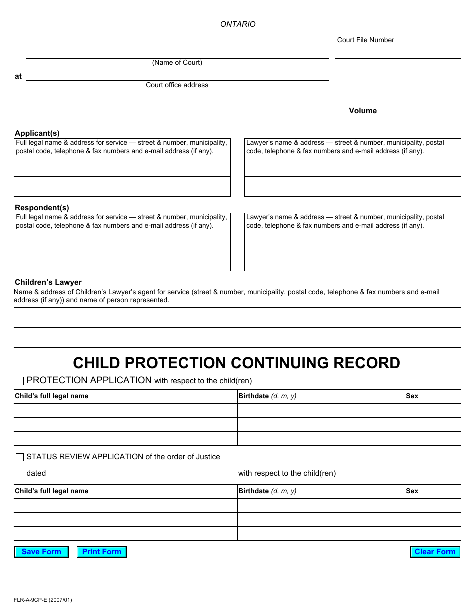 Form 2 Child Protection Continuing Record - Ontario, Canada, Page 1