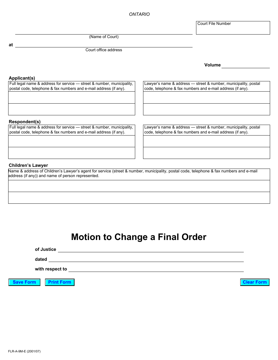 Form 3 Motion to Change a Final Order - Ontario, Canada, Page 1