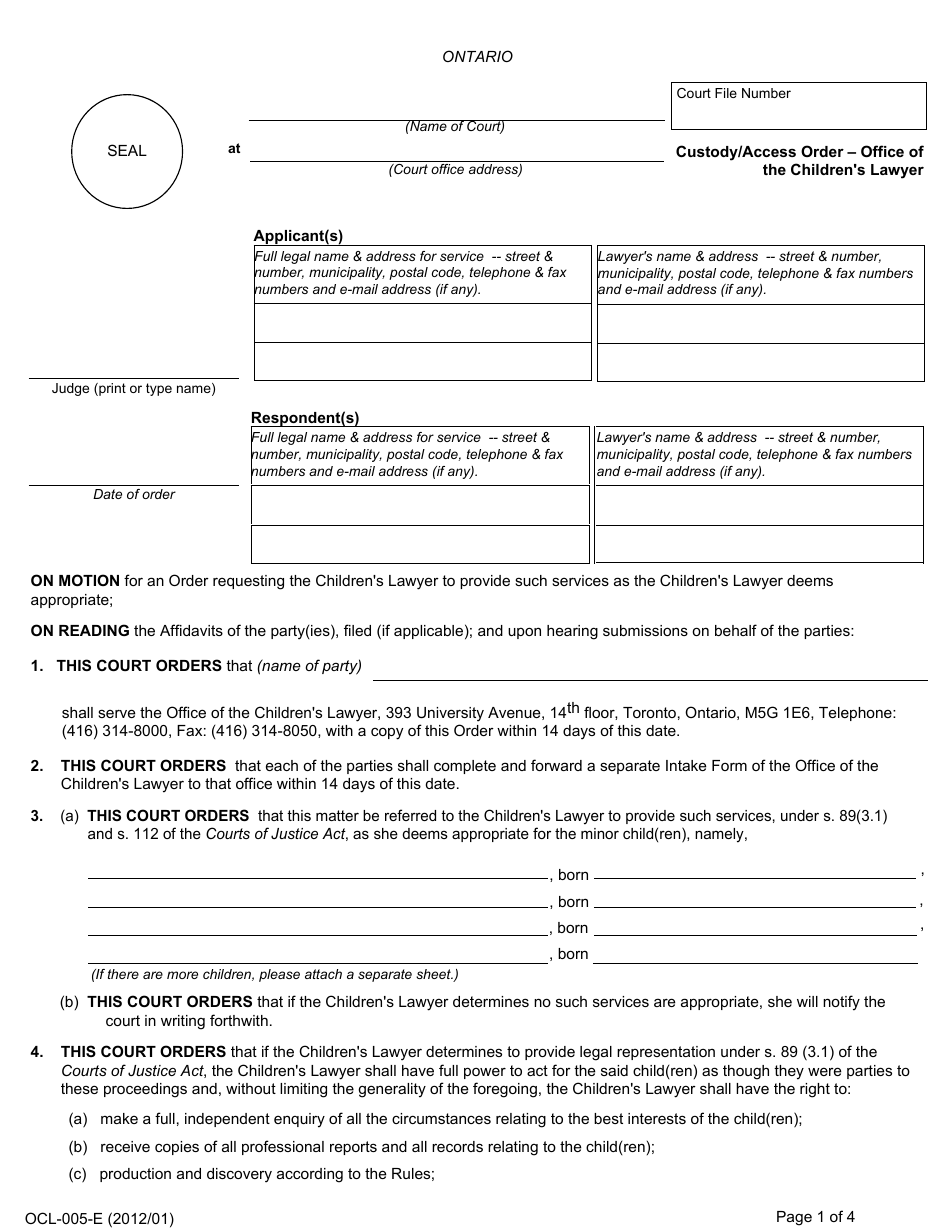 Form OCL-005 Custody / Access Order - Ontario, Canada, Page 1