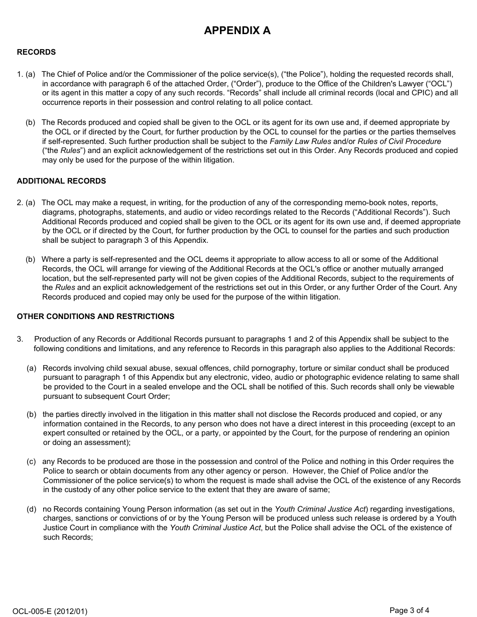 Form OCL-005 Custody / Access Order - Ontario, Canada, Page 3