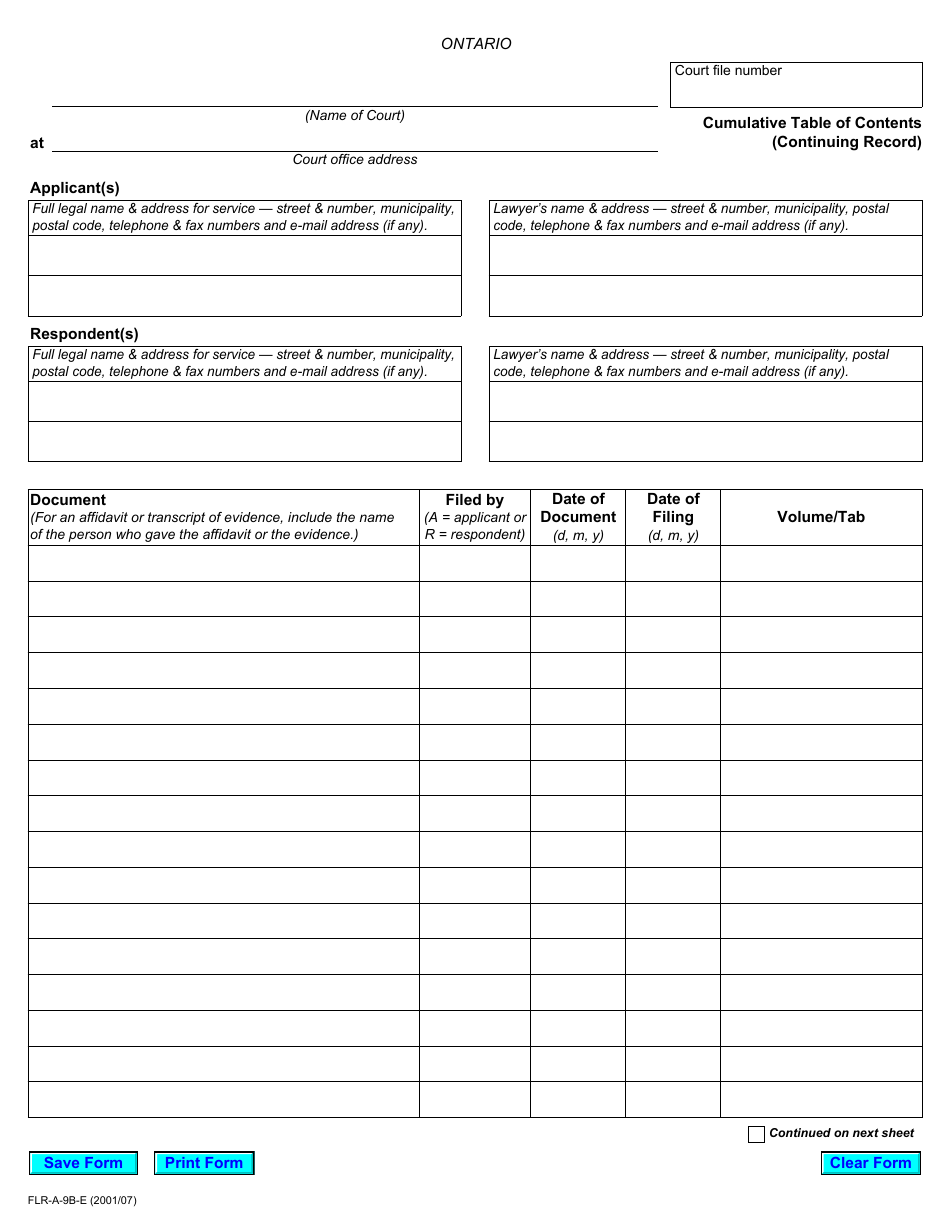 Form 5 Cumulative Table of Contents - Ontario, Canada, Page 1