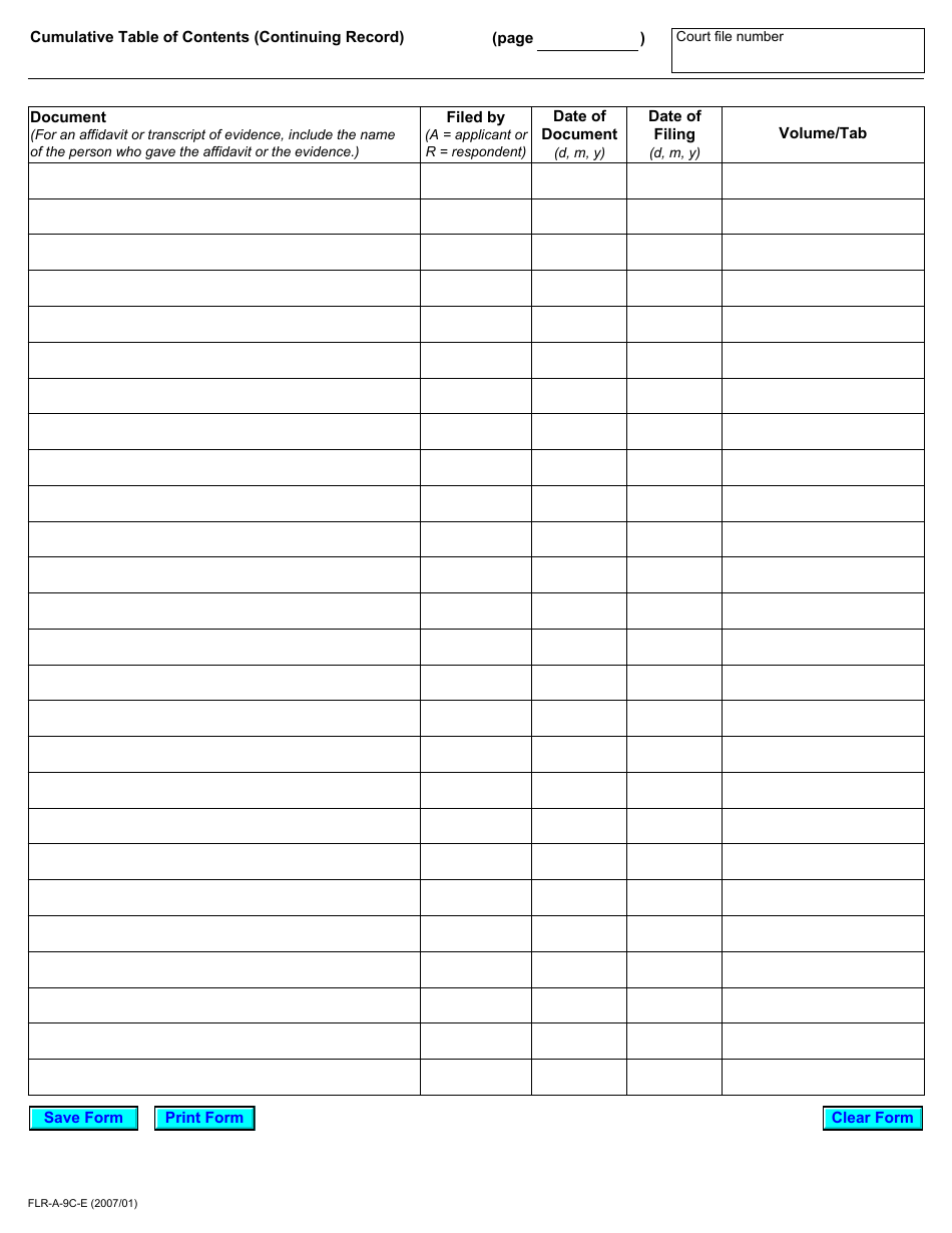 Form 6 Cumulative Table of Contents - Subsequent Pages - Ontario, Canada, Page 1